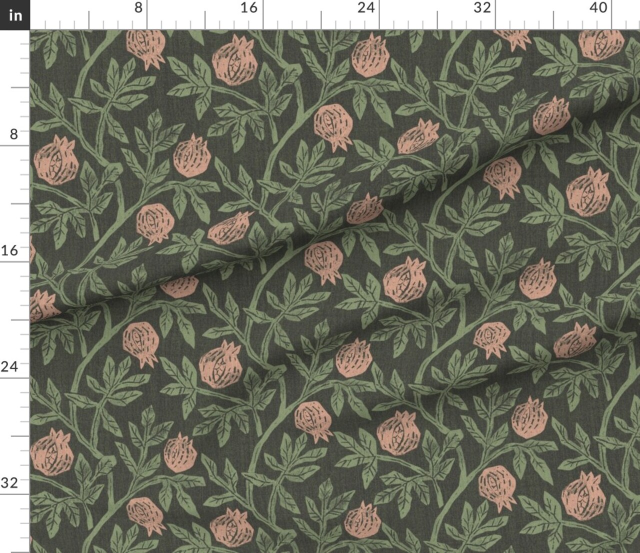 Moody Pomegranate Modern Botanical Fruit Arts And Crafts Nouveau Vintage Style Retro Green Custom Printed Fabric by Spoonflower Various Fabrics by the Yard or Fat Quarter